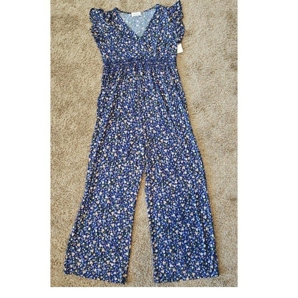 Kaileigh Floral Flutter Sleeve Wide Leg Jumpsuit L Blue Used Cottagecore